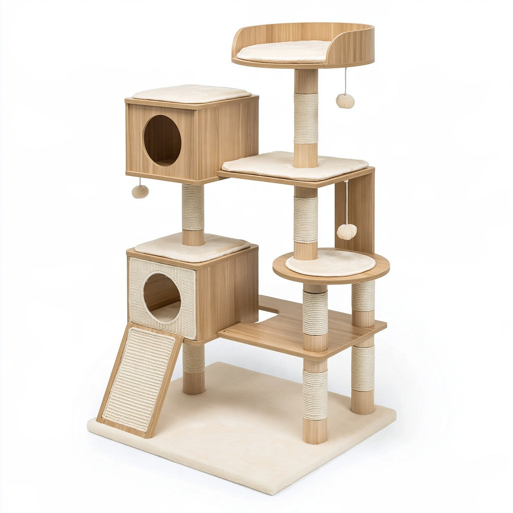 Katzenkratzbaum 60 x 60 x 145 cm aus Holz und Sisal in Naturbeige mit Höhlen Liegeflächen und Rampe