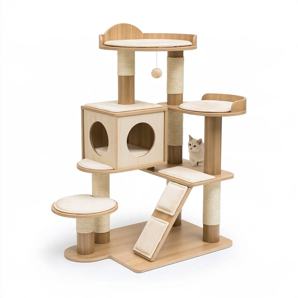 Katzenkratzbaum 100 x 60 x 160 cm aus Holzwerkstoff in Naturbeige mit Sisal und Liegeflächen