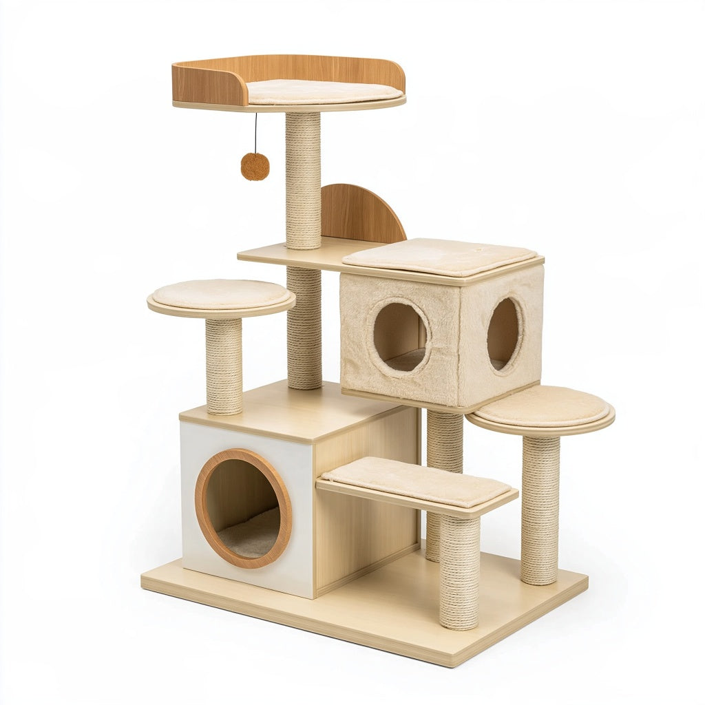 Kratzbaum 60 x 60 x 140 cm Holz Sisal Beige Natur mit Liegeflächen und Katzenhöhlen