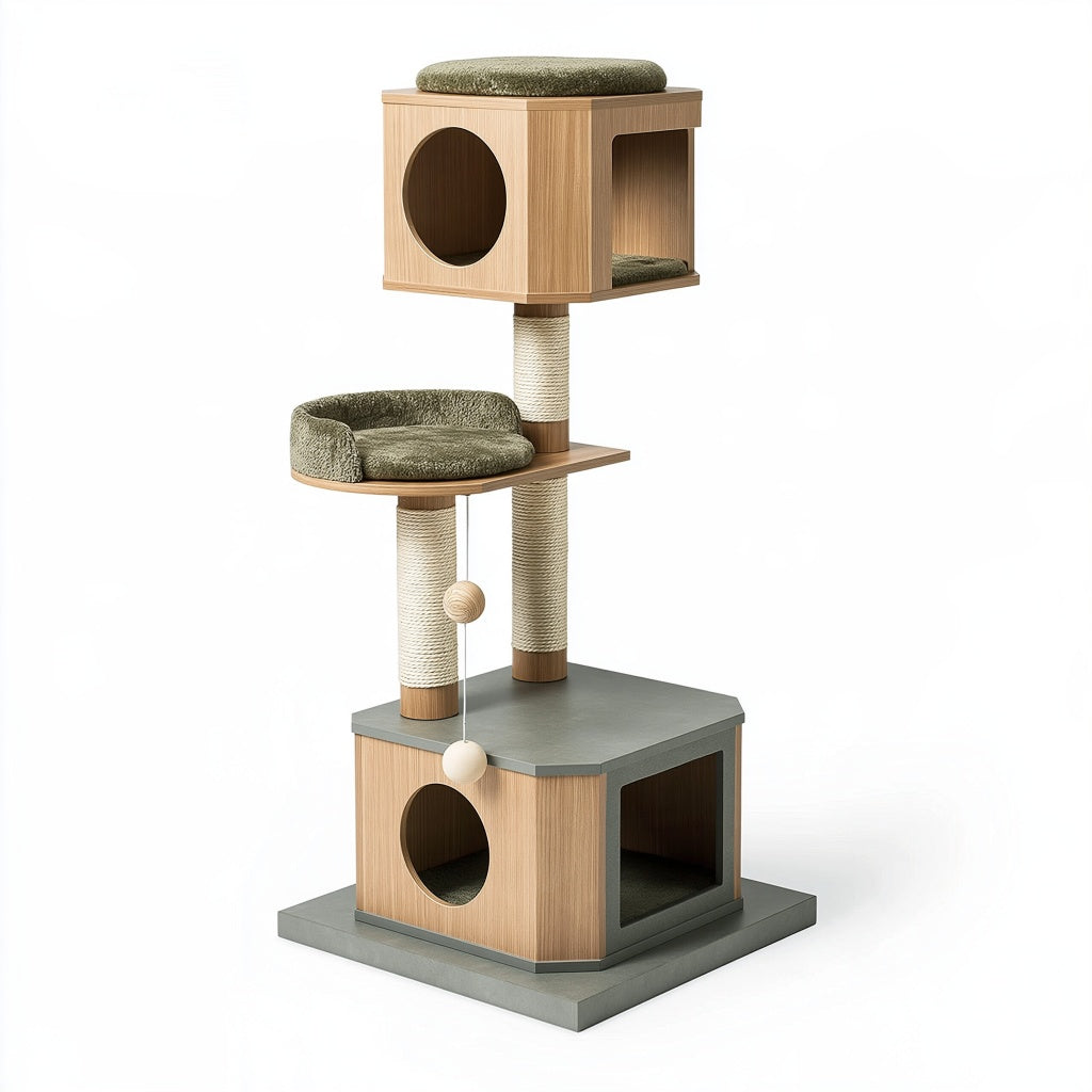 Kratzbaum 60 x 60 x 150 cm aus Holz Sisal und Textil in Naturholz Grün Grau mit Höhlen Liegeflächen und Spielball
