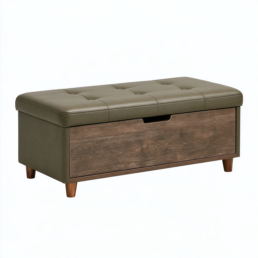 Sitzbank mit Stauraum 100 cm Kunstleder Olivbraun Holz im Mid-Century-Stil