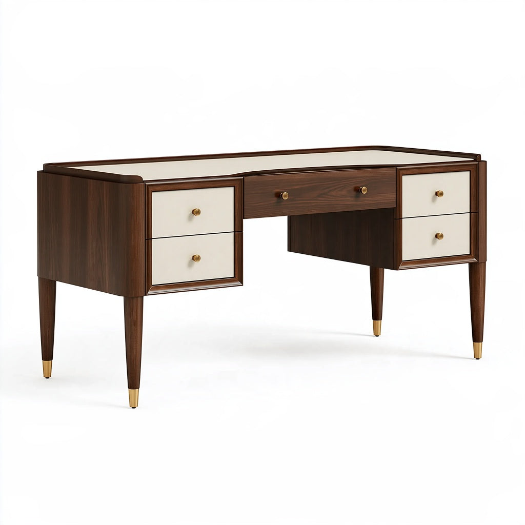 Schreibtisch 140 x 60 x 76 cm Holzwerkstoff Dunkelbraun Creme mit 5 Schubladen Retro-Stil
