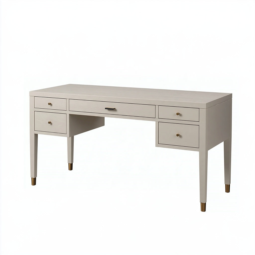 Schreibtisch 140 x 60 x 75 cm aus Holzwerkstoff in Creme mit 5 Schubladen im klassischen Stil