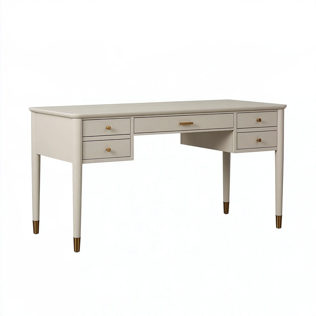 Schreibtisch 140 x 60 x 76 cm aus Holzwerkstoff in Creme mit 5 Schubladen