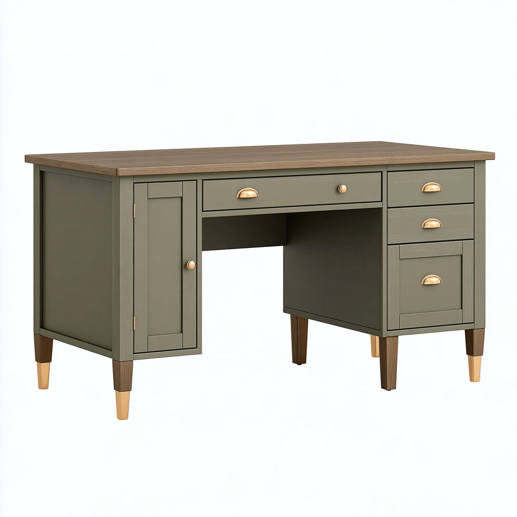 Schreibtisch 140 x 60 x 75 cm Holzwerkstoff Olivgrün Walnussholzoptik mit Schubladen und Türen