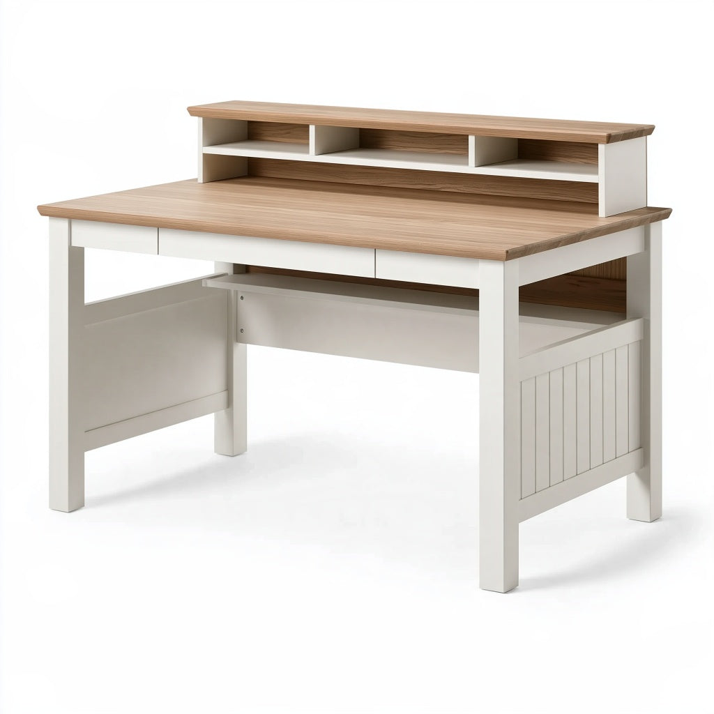 Schreibtisch 140 x 70 x 95 cm Holzwerkstoff Weiß/Eiche mit Aufsatz und Schubladen