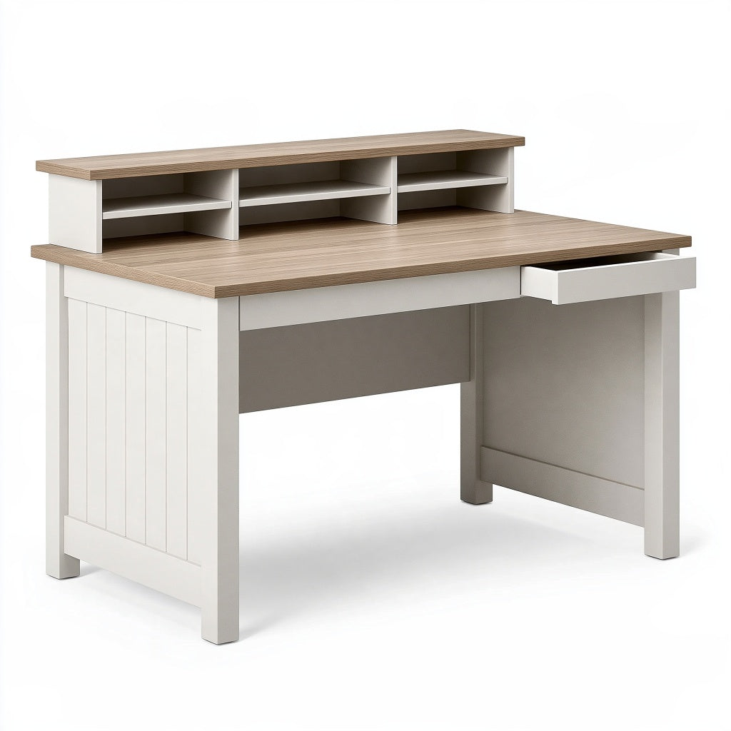 Schreibtisch 120 x 60 x 100 cm Holzwerkstoff Weiß Eichenoptik mit Schublade und Aufsatzregal