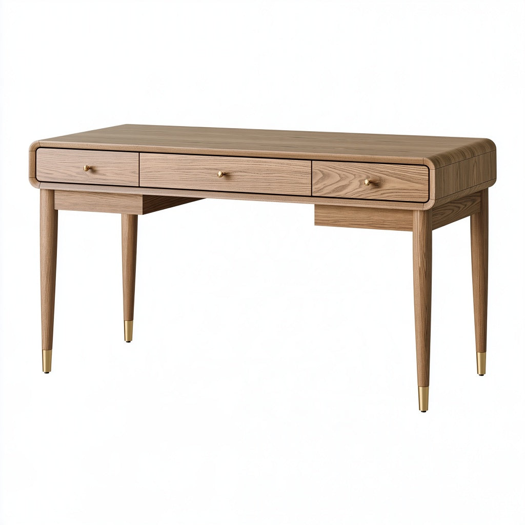 Schreibtisch 120 x 60 x 76 cm aus Holz in Naturbraun mit drei Schubladen im Retro-Stil