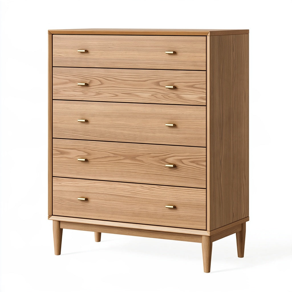 Kommode 90 x 45 x 120 cm aus Holz in Naturbraun mit 5 Schubladen im Mid-Century-Stil