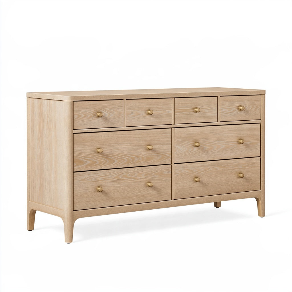 Kommode 160 x 45 x 85 cm aus Holzwerkstoff Hellbeige mit 8 Schubladen im skandinavischen Stil