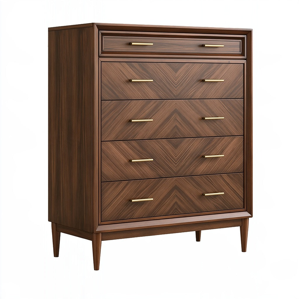 Kommode 90 x 45 x 140 cm Holzwerkstoff Walnussbraun mit 5 Schubladen Mid-Century-Stil